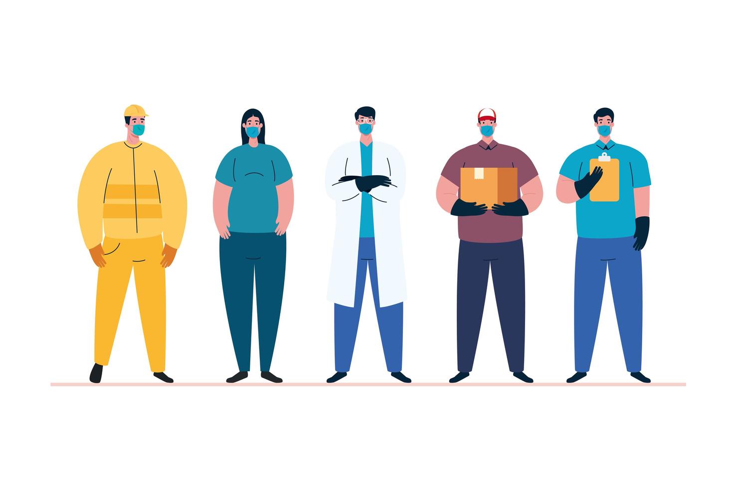 people workers with uniforms and worker masks vector design