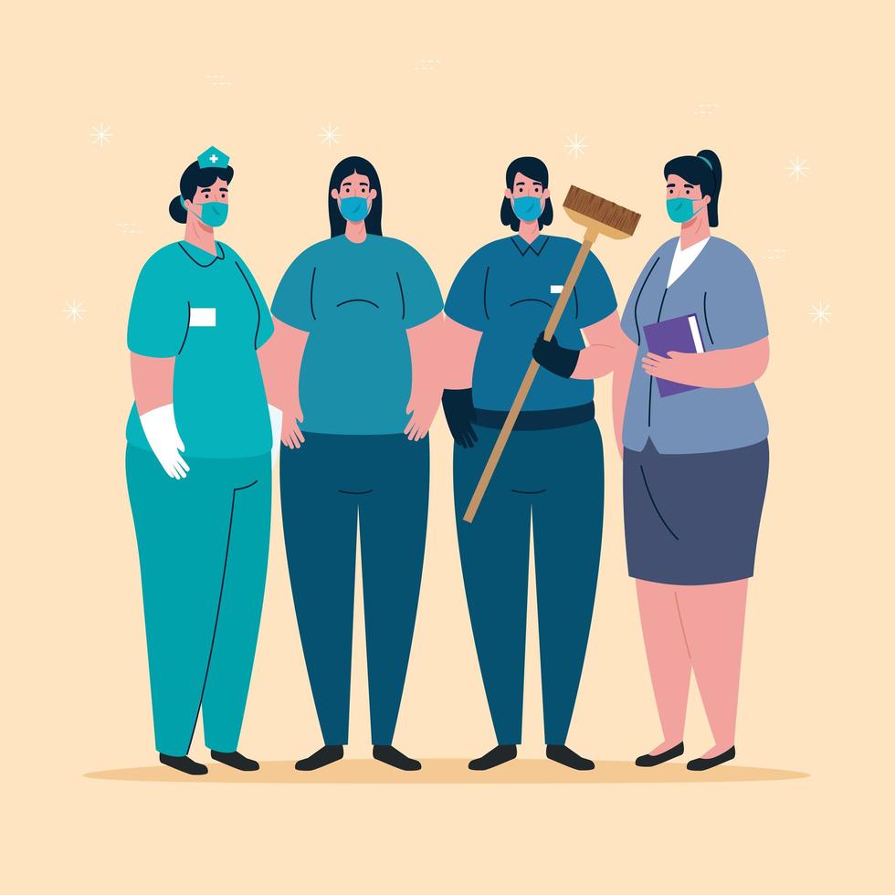 women workers with uniforms and worker masks vector design