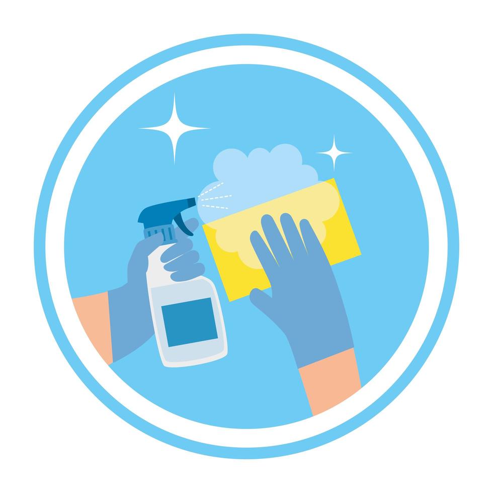 Hands holding spray bottle and sponge vector design