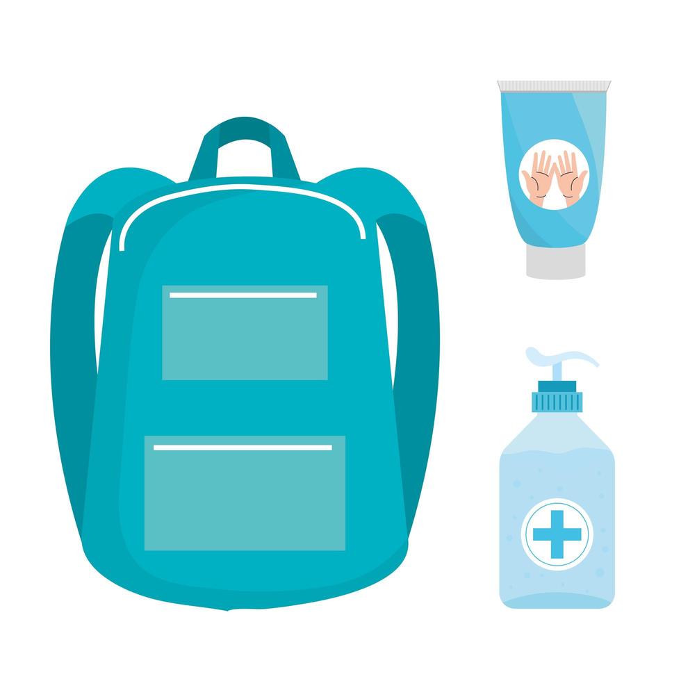 Hands sanitizer bottles and bag vector design