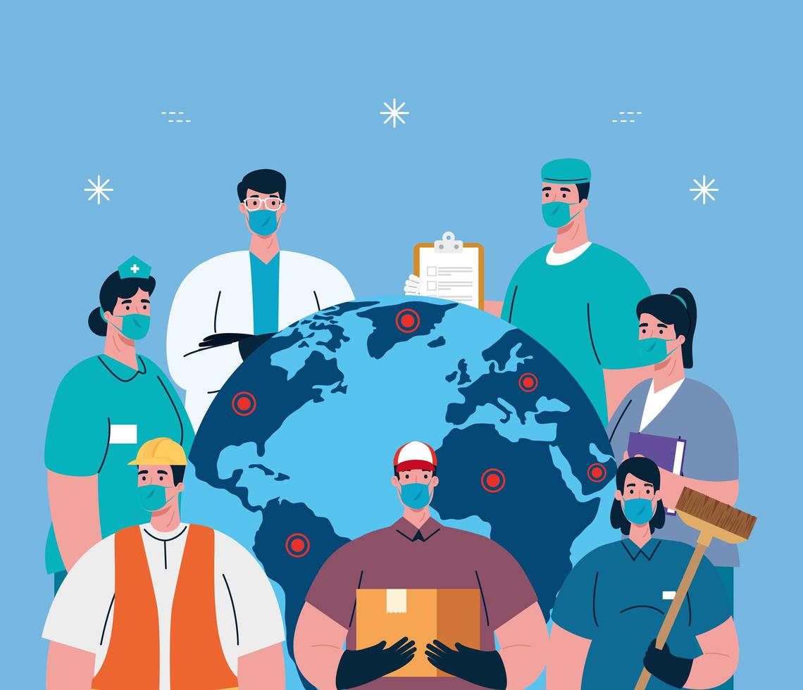 people workers with workermasks and world map vector design