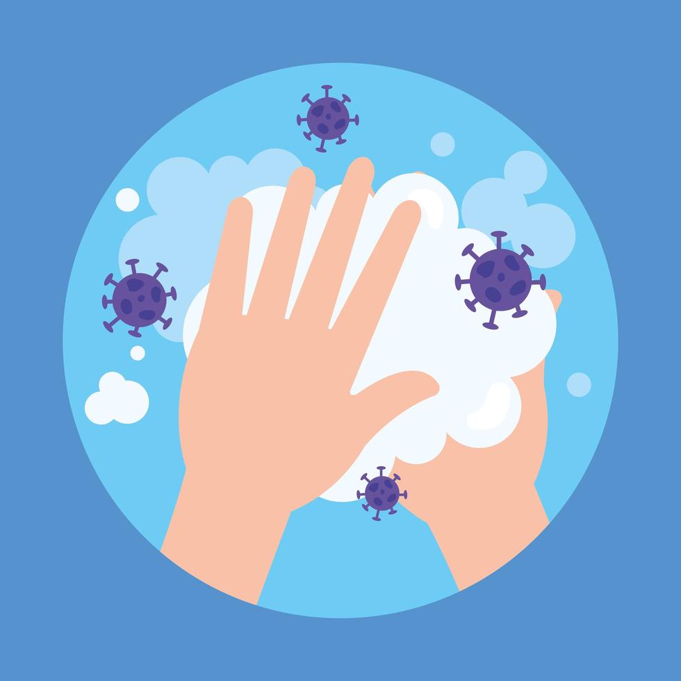 Hands washing with soap and covid 19 virus vector design