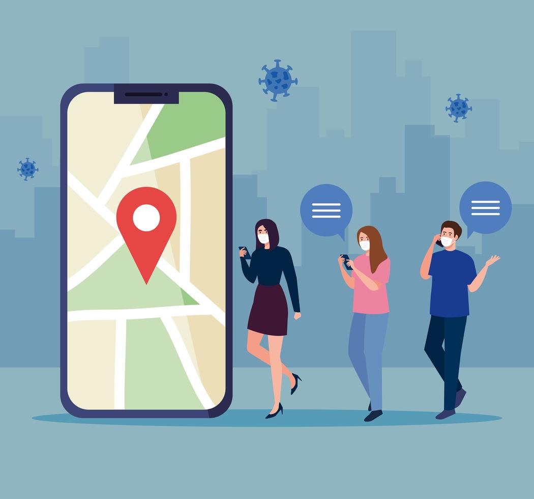 People with masks holding smartphone and gps mark on map vector design