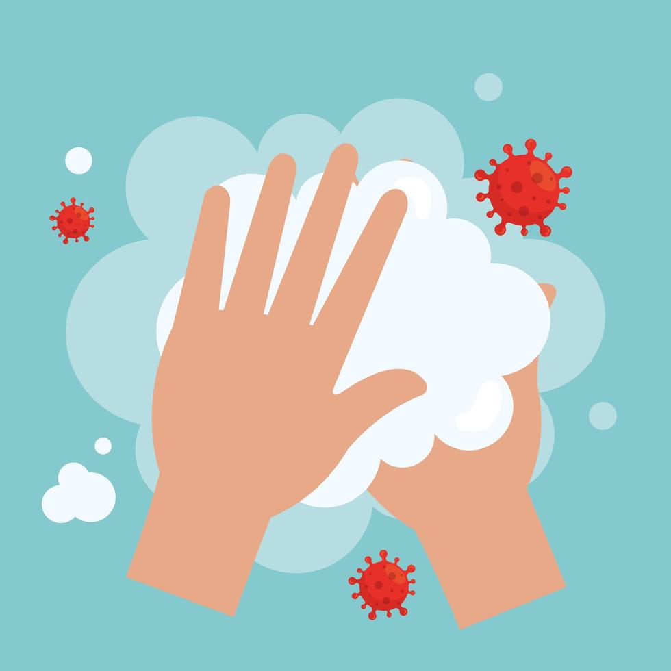 Hands washing with soap and covid 19 virus vector design