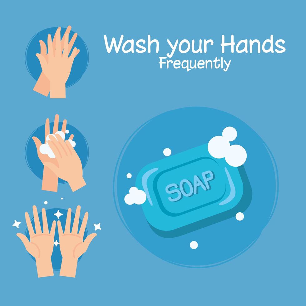 Soap bar and hands washing steps vector design