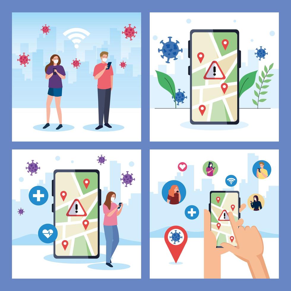 People with masks holding smartphone and gps mark on map vector design