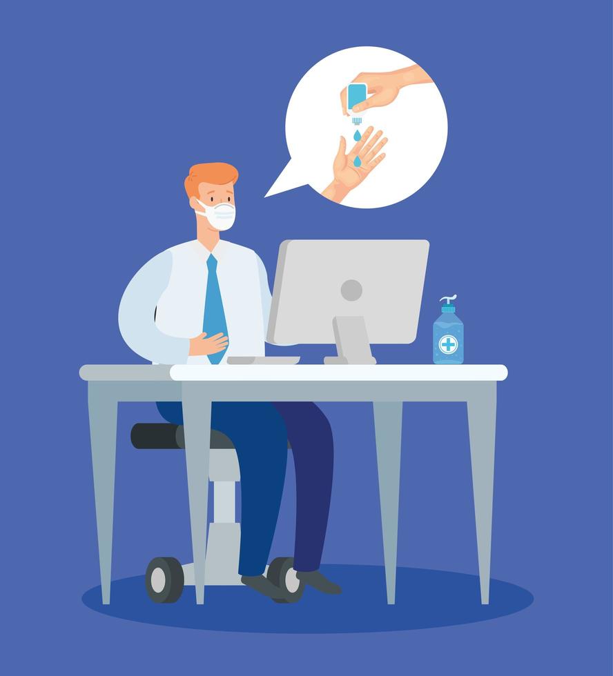 Businessman with mask on desk and hands sanitizer vector design