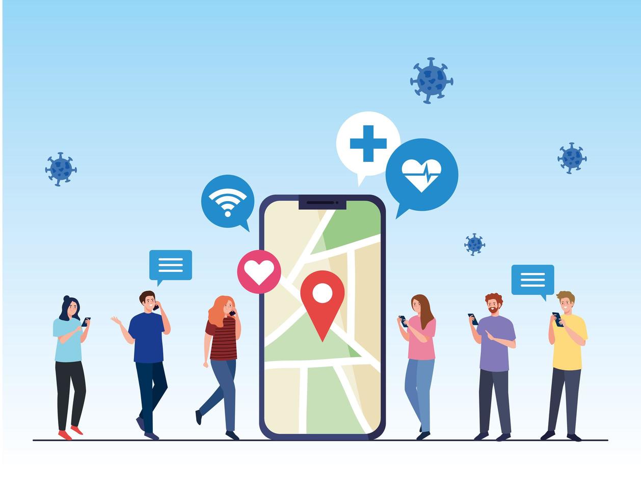 People with masks holding smartphone and gps mark on map vector design