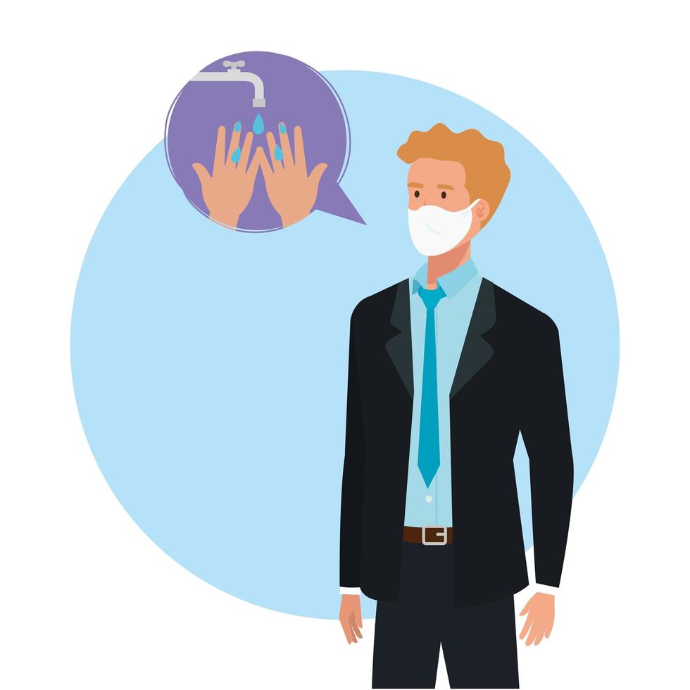 Businessman with mask and hands washing vector design