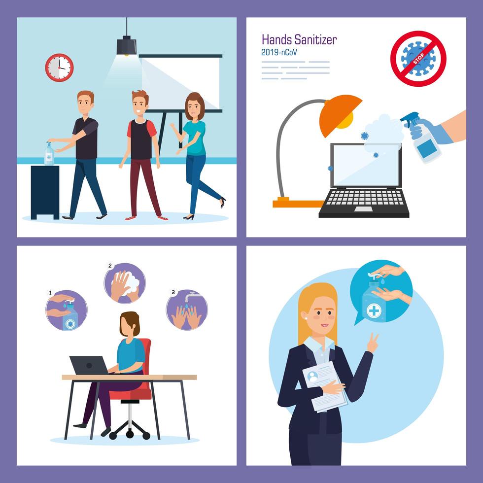 Businesspeople at office and hands sanitizer vector design