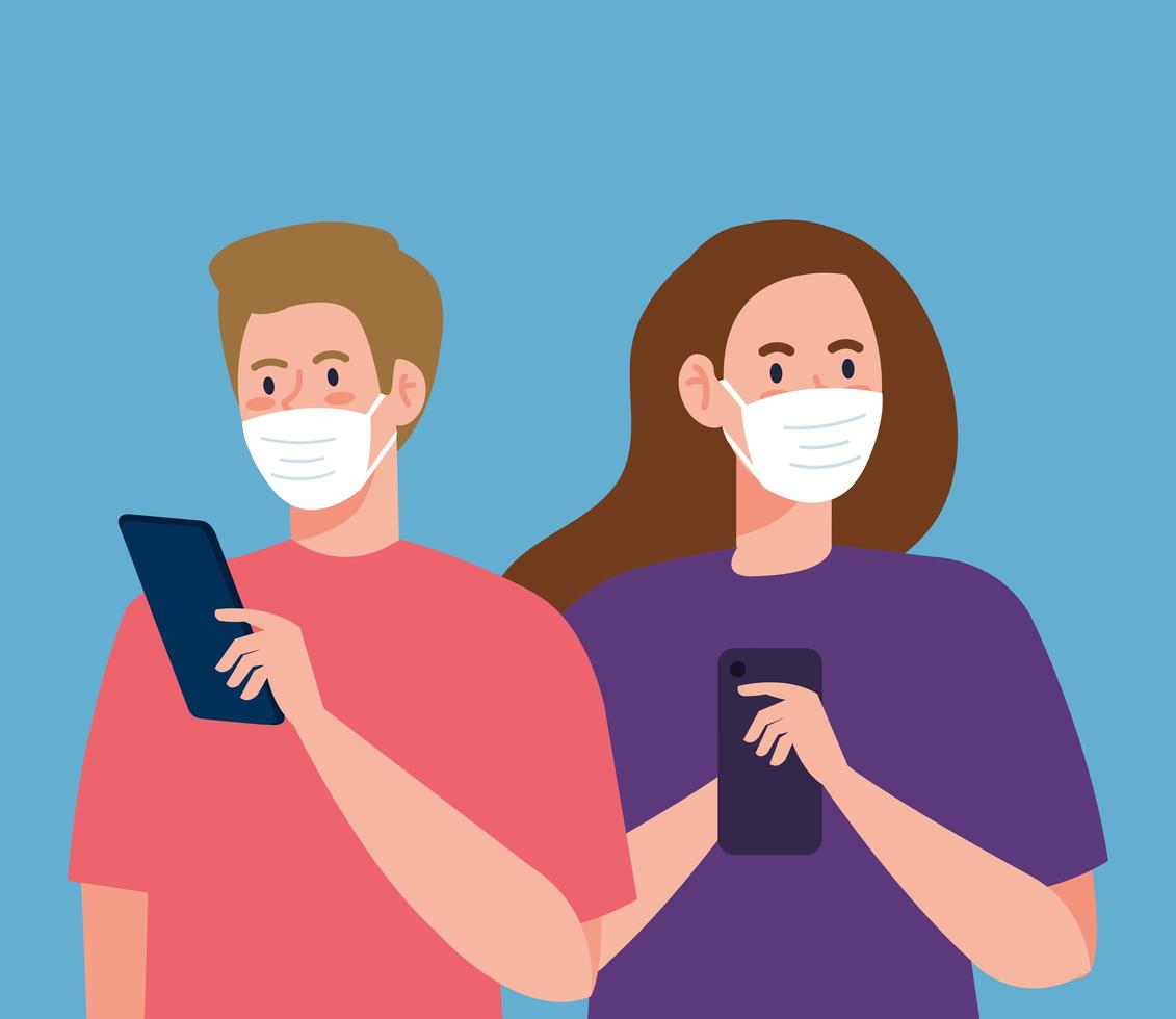 Woman and man with mask holding smartphone vector design