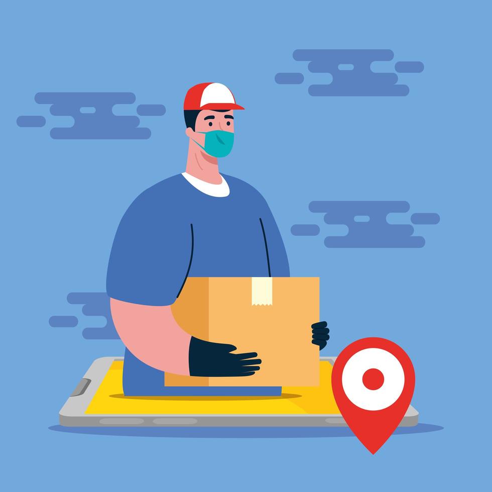 Delivery man with mask gps mark and box vector design