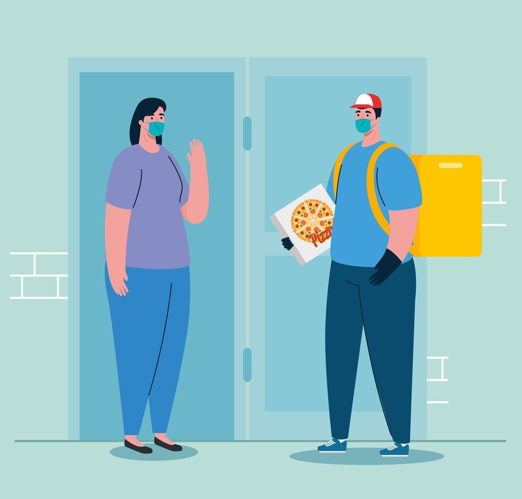 Delivery man and woman client with mask and pizza box vector design