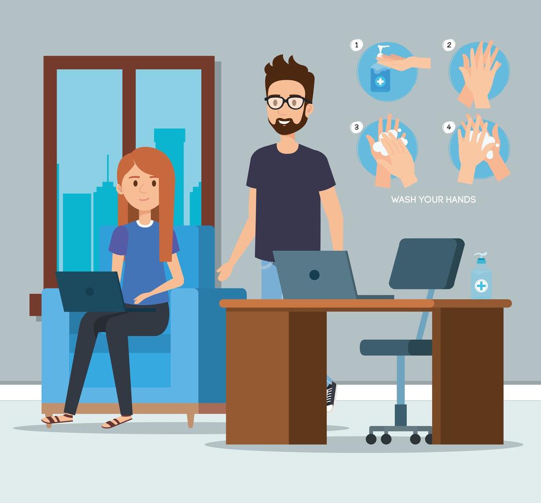 Businesspeople at office and hands sanitizer vector design