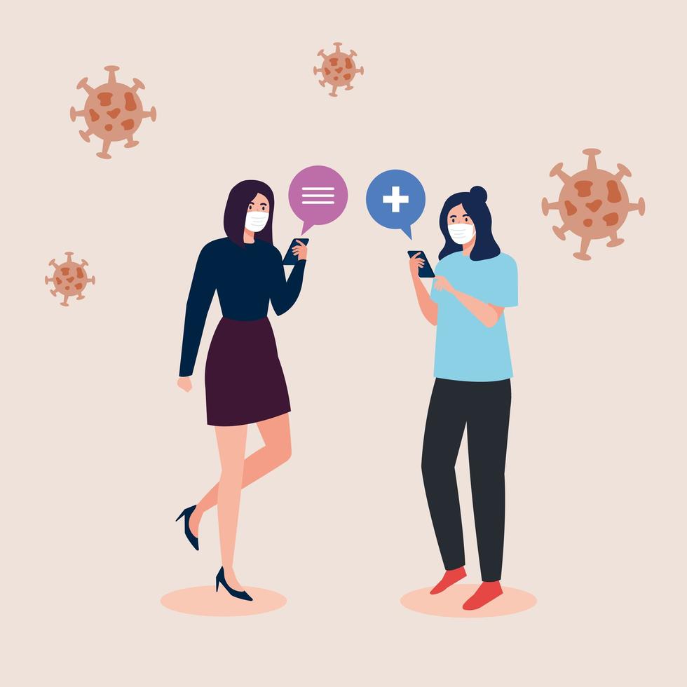 Women with masks holding smartphone vector design