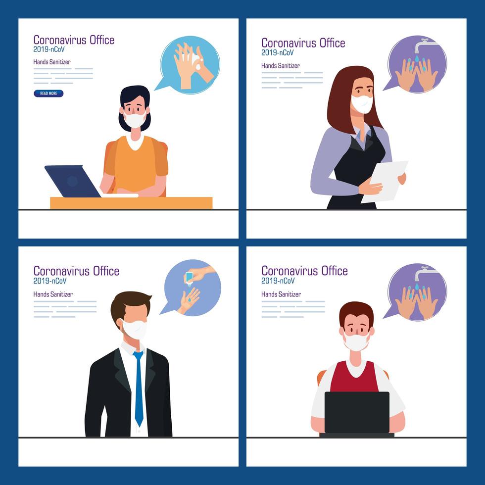 Businesspeople at office and hands sanitizer vector design