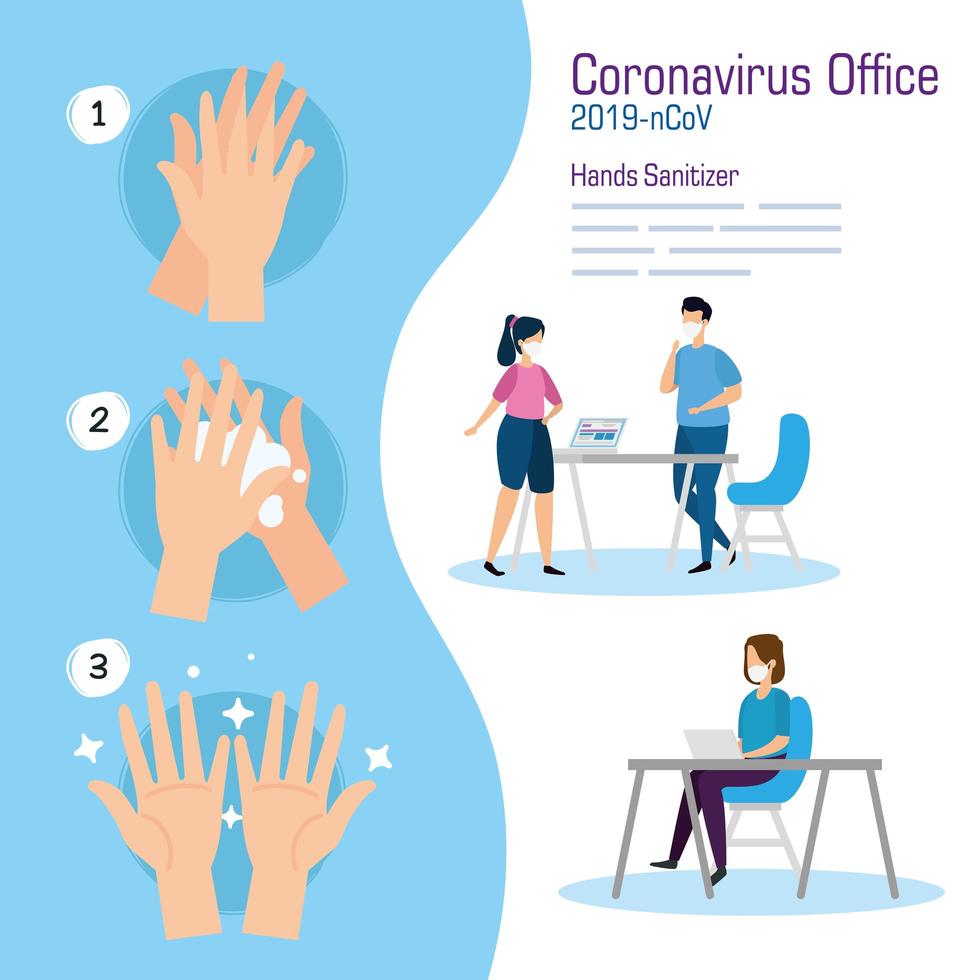empresarios en la oficina y desinfectante de manos diseño vectorial vector
