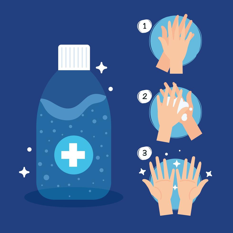 Hands sanitizer bottle and hands washing steps vector design