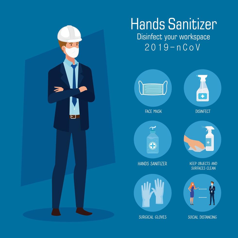 Engineer with mask and hands sanitizer prevention tips vector design