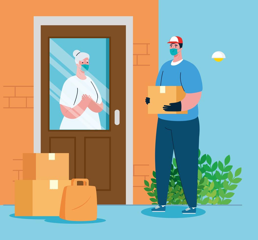 Delivery man and old woman client with mask and boxes vector design