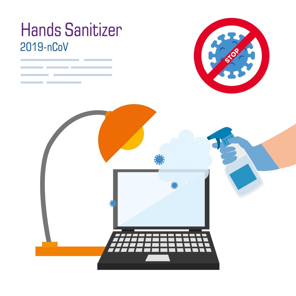 hand cleaning laptop with covid 19 virus vector design