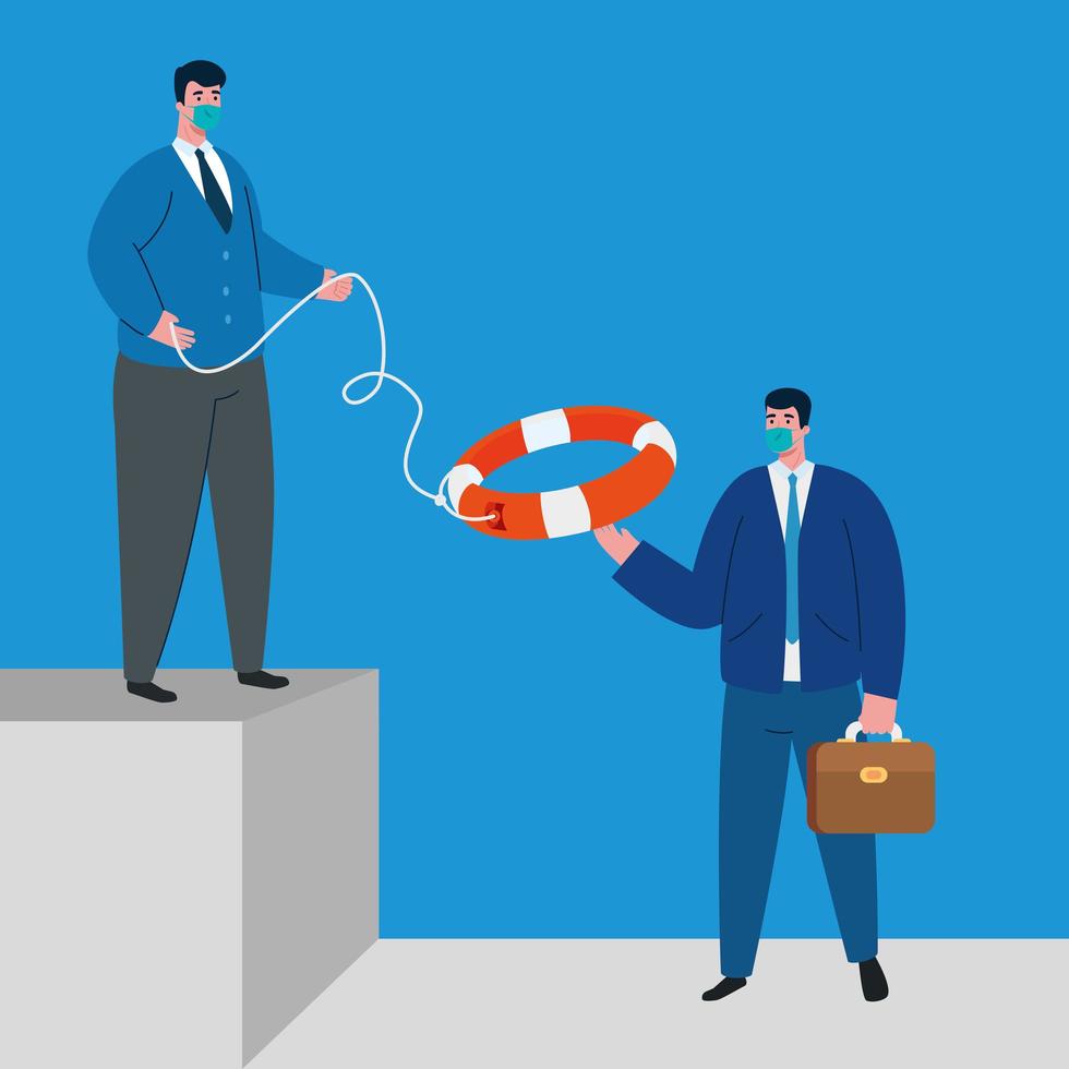 businessmen with masks and lifebuoy of bankruptcy vector design