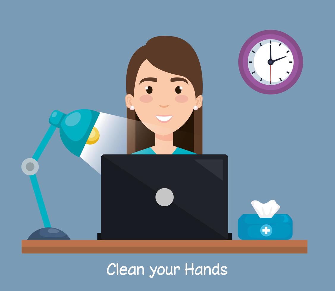 mujer de negocios, en, escritorio, y, manos, desinfectante, vector, diseño vector