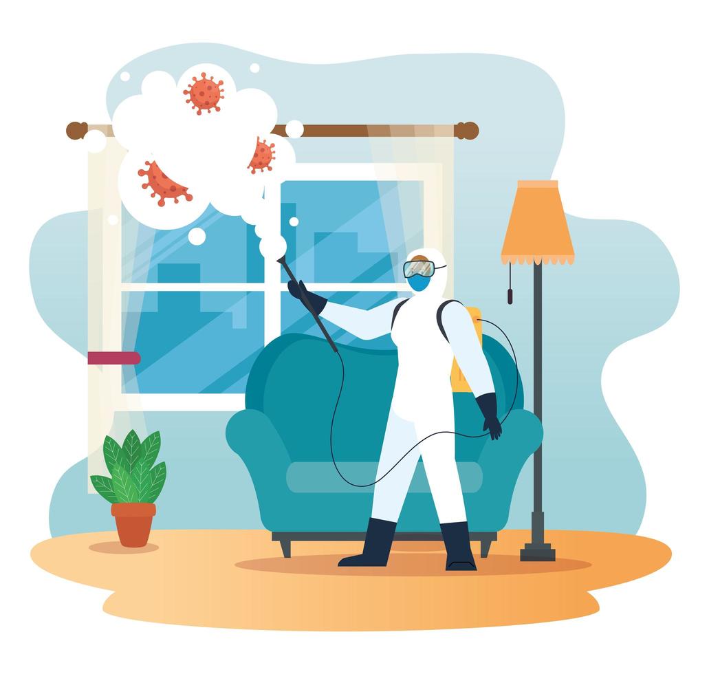 Man with protective suit spraying home window with covid 19 vector design