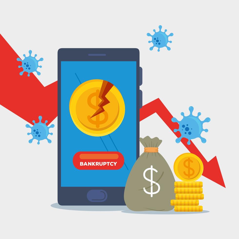 broken coin on smartphone and decrease arrow of bankruptcy vector design