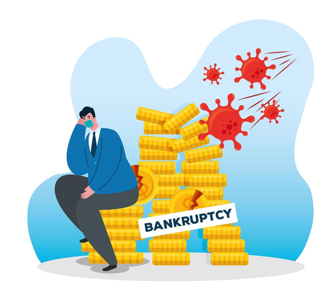 businessman with mask and coins tower of bankruptcy vector design