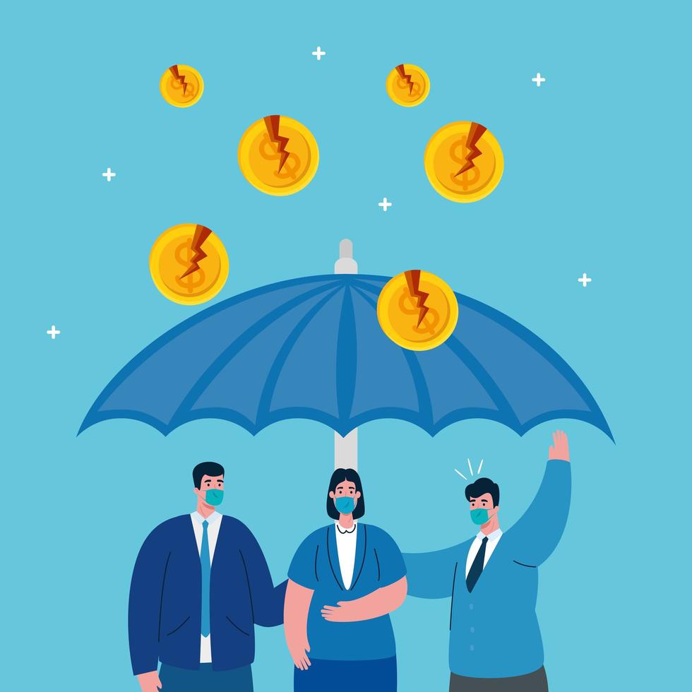 businesspeople with masks and umbrella of bankruptcy vector design