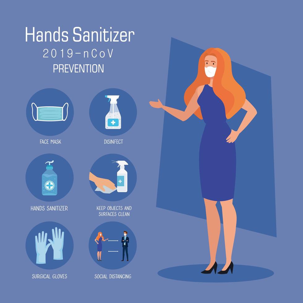 Businesswoman with mask and hands sanitizer prevention tips vector design