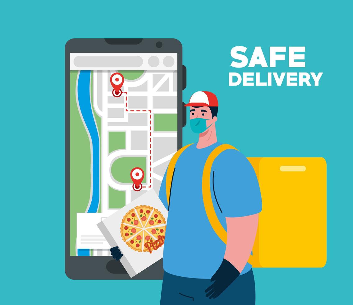 Delivery man with mask pizza box and gps marks vector design