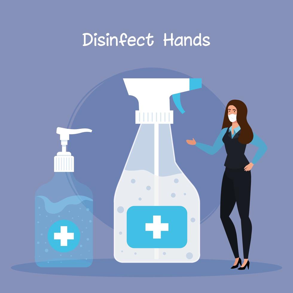 Businesswoman with mask and hands sanitizer bottles vector design