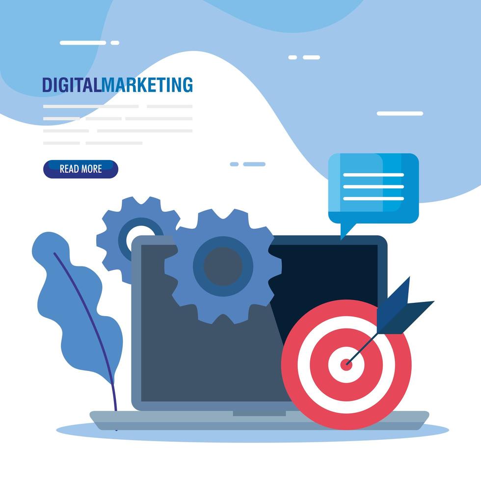 laptop with target and icon set of digital marketing vector design