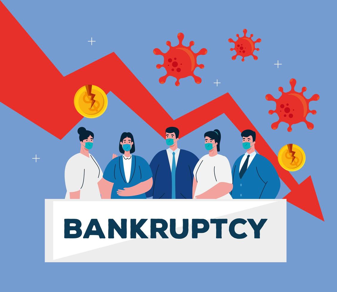 businesspeople with masks and decrease arrow of bankruptcy vector design