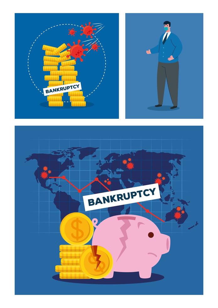 empresario con máscara de monedas rotas y alcancía de diseño vectorial de quiebra vector