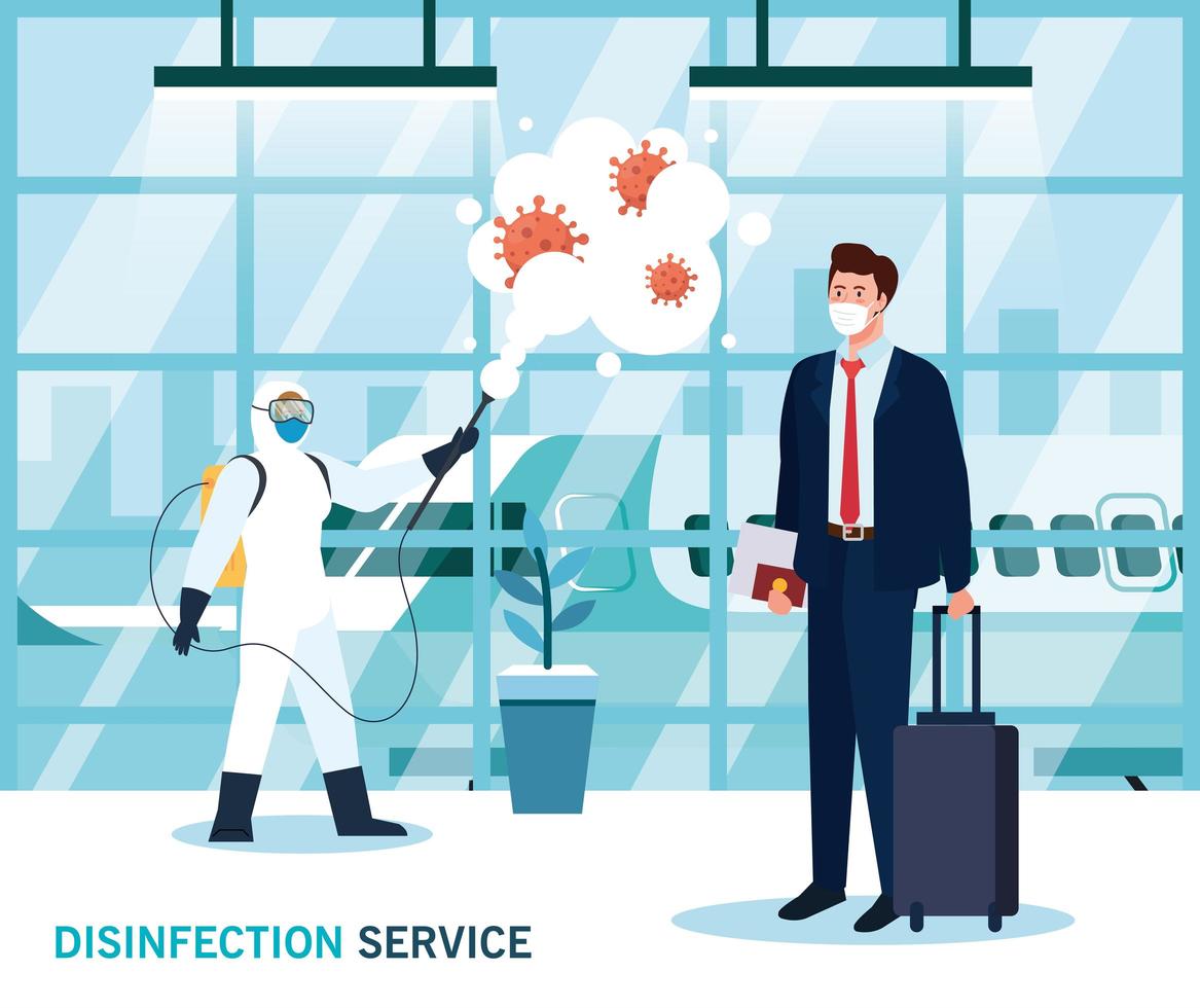 Man with protective suit spraying airport hall with covid 19 vector design