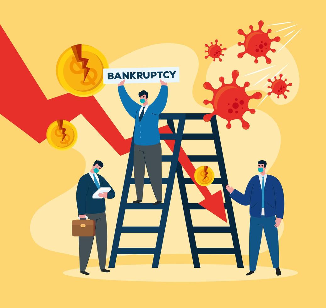 businessmen with masks and ladder of bankruptcy vector design