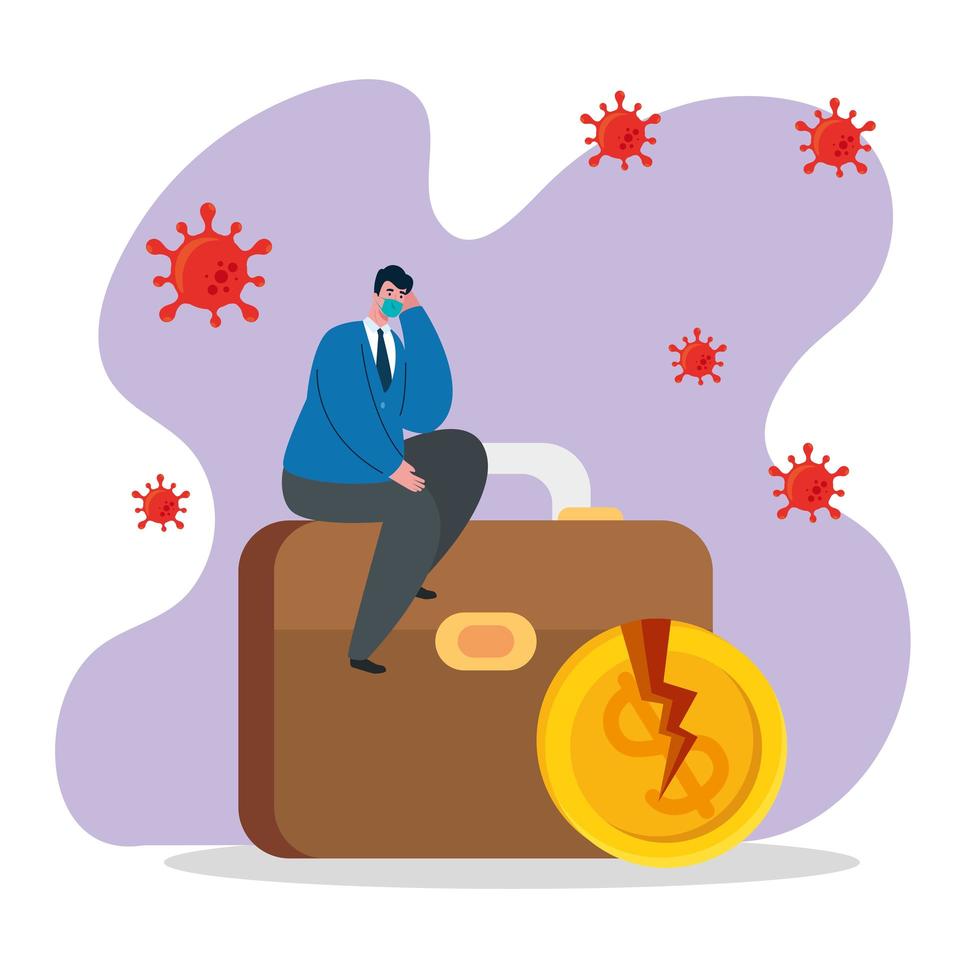 businessman with mask broken coin and suitcase of bankruptcy vector design
