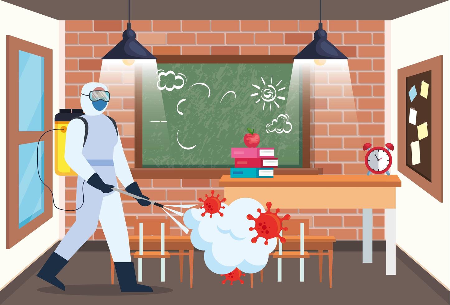 Hombre con traje de protección rociando la sala de la escuela con diseño vectorial covid 19 vector