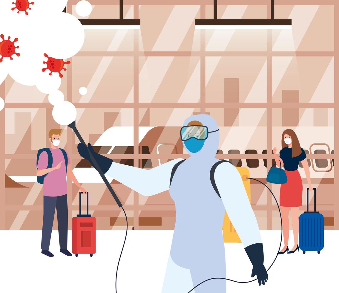 Man with protective suit spraying airport hall with covid 19 vector design