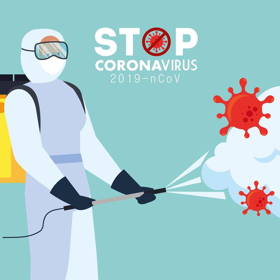 Man with protective suit spraying covid 19 vector design