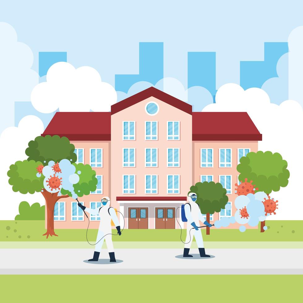 Hombres con traje protector rociando edificio escolar con diseño vectorial covid 19 vector