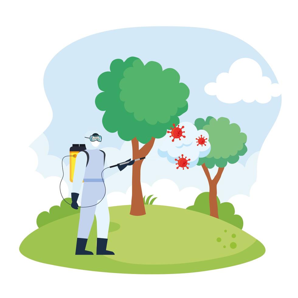 Hombre con traje de protección rociando árboles del parque con diseño vectorial covid 19 vector