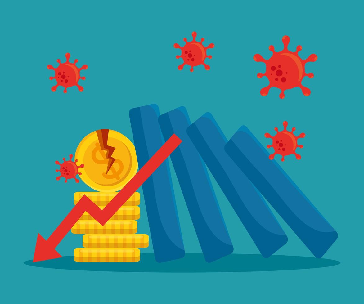 broken coins and decrease arrow of bankruptcy vector design