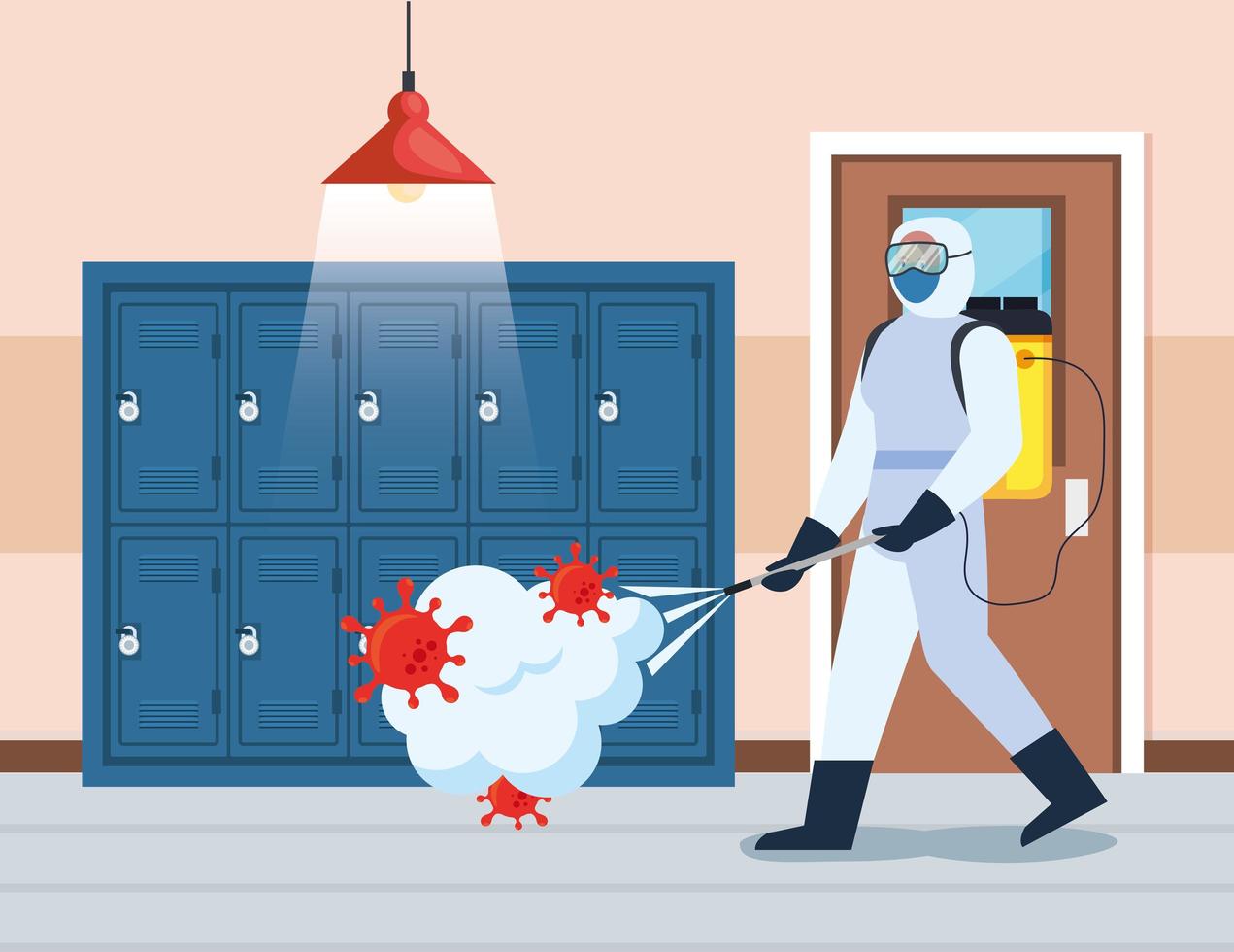 Man with protective suit spraying school hall with covid 19 vector design