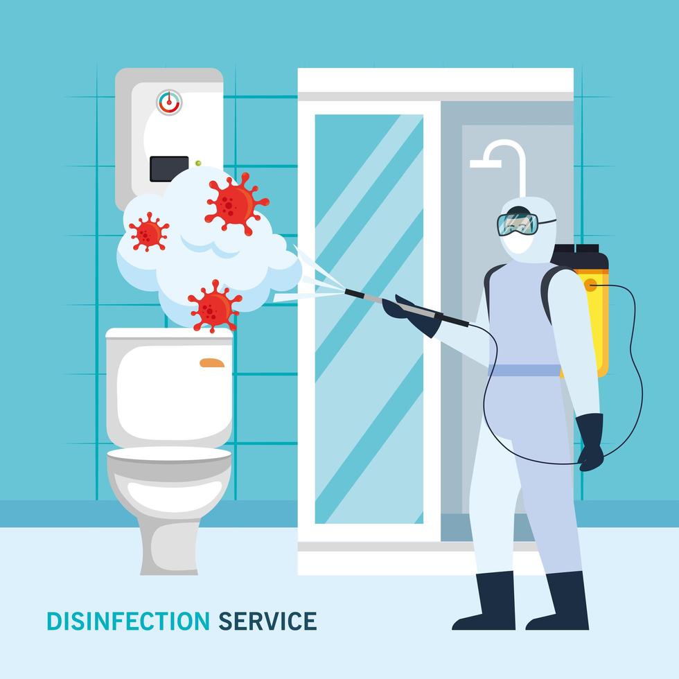 Man with protective suit spraying bathroom with covid 19 vector design