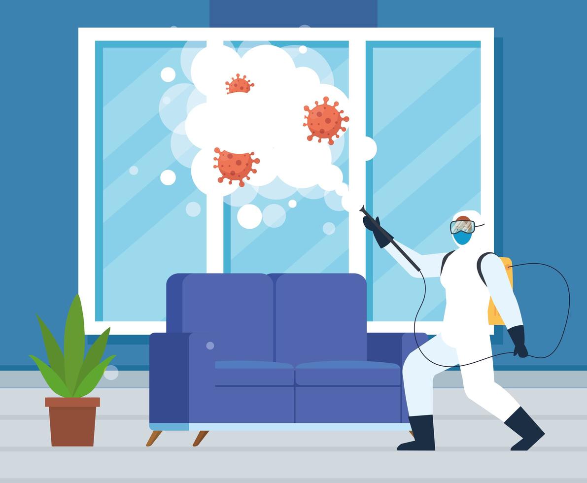 Man with protective suit spraying home window and couch with covid 19 vector design