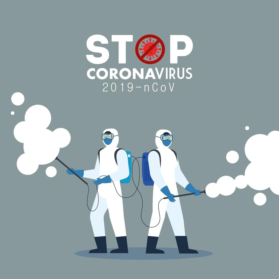 Men with protective suit spraying covid 19 vector design